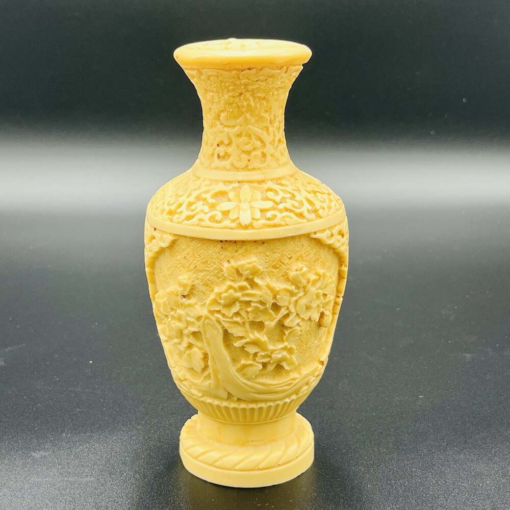 Vintage Chinese Cream Cinnabar Style Floral Relief Vase 7”